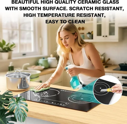 Vista 7 de Cocina eléctrica, 110 V, 2400 W, 2 quemadores, encimera y estufa integrada con 9 niveles de potencia, bloqueo de seguridad para niños, temporizador