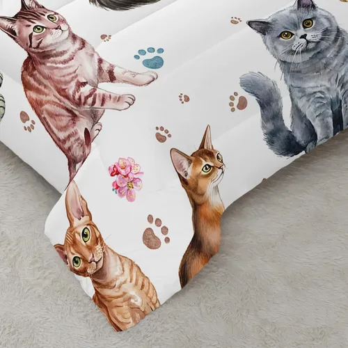 Vista 4 de AILONEN Juego de ropa de cama con estampado de gato en acuarela, tamaño individual con gatos y huellas para niños y niñas, juego de edredón suave