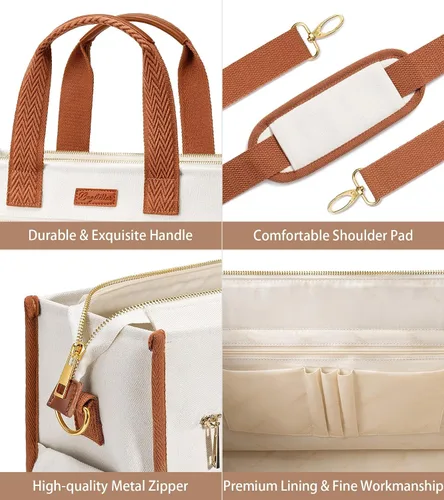 Vista 6 de Bolsa de lona para mujer, bolso cruzado grande de 15 bolsillos, bolsa para computadora portátil, bolsa con cremallera para profesores, trabajo