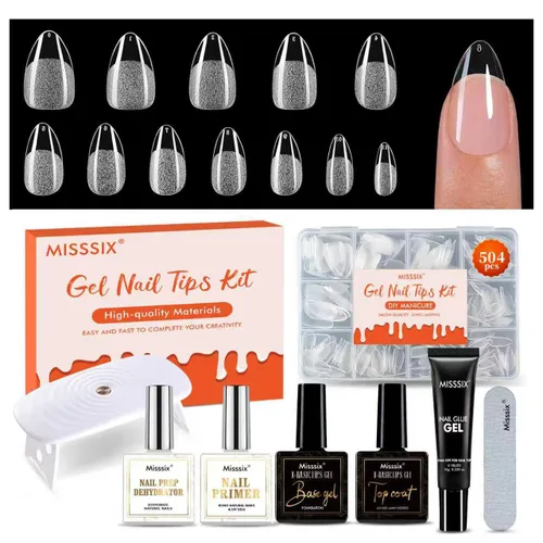 Vista 8 de Misssix Kit de puntas de uñas de gel corto de almendra, 504 piezas de uñas Kit de almendras cortas transparentes (504 piezas con 3 herramientas)