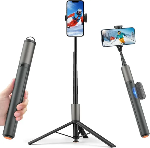 Vista 8 de Trípode de metal para selfie stick para iPhone con luz, selfiestick de teléfono celular de 70 pulgadas con control remoto, soporte de trípode