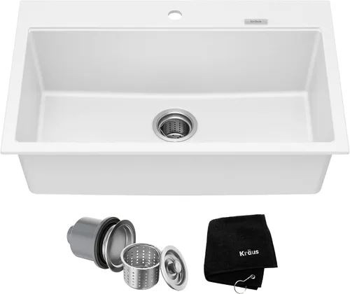 Vista 8 de KRAUS Quarza - Fregadero de cocina de granito de instalación empotrada/sobre encimera de un solo seno de 24 pulgadas, color negro ónix, KGD-410B