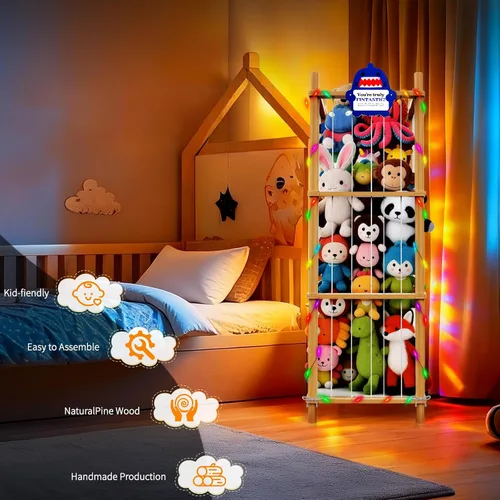 Vista 4 de Organizador grande de almacenamiento de animales de peluche y juguetes, 3 capas de 54 pulgadas de madera, lindo soporte de juguetes de zoológico