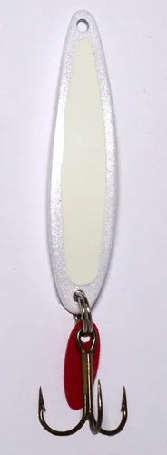 Vista 9 de Bay de Noc 2-1/4-Inch Swedish Pimple Ice Fishing Hook, 1 Piece, White Pearl Naranja fluorescente/dorado