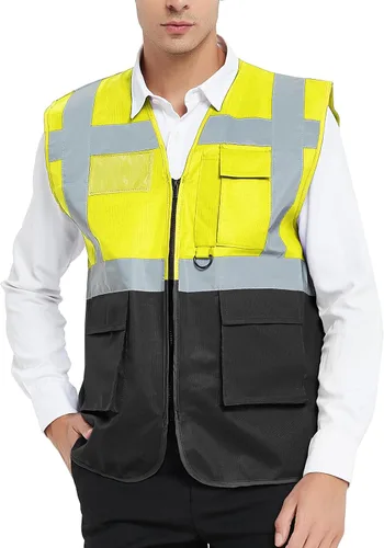 Vista 11 de GOGO Chaleco de seguridad de alta visibilidad de 5 bolsillos con tiras reflectantes, chaleco de uniforme de trabajo