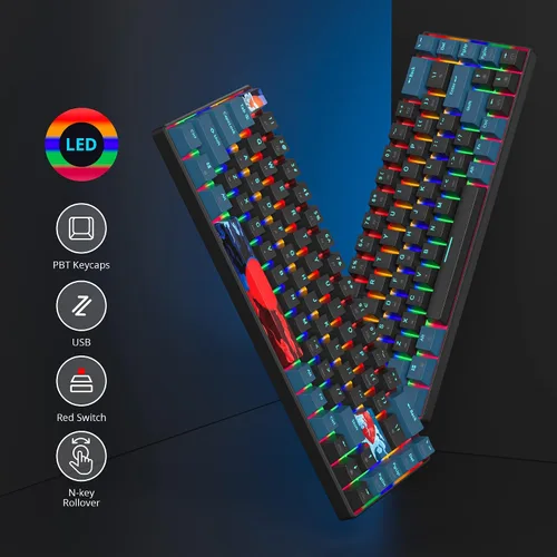Vista 2 de Protable - Teclado mecánico para juegos al 60%, mini compacto retroiluminado de 68 teclas, teclado de oficina con cable con interruptor rojo