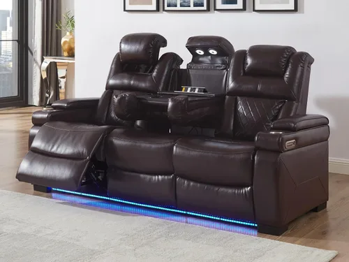 Vista 16 de THSUPER Juego de sofás reclinables de cuero transpirable con potencia con luz LED, asientos reclinables de cine en casa con reposacabezas