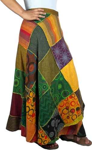 Vista 2 de Agan Traders Falda larga para mujer, estilo gitano, estilo hippie, parches, cintura alta, teñido anudado, talla grande, S - 2X