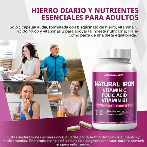 Vista 2 de Hierro natural de alta potencia con vitamina C, ácido fólico, fórmula de alta absorción, vitamina B1, vitamina B6, vitamina B12, ayuda a
