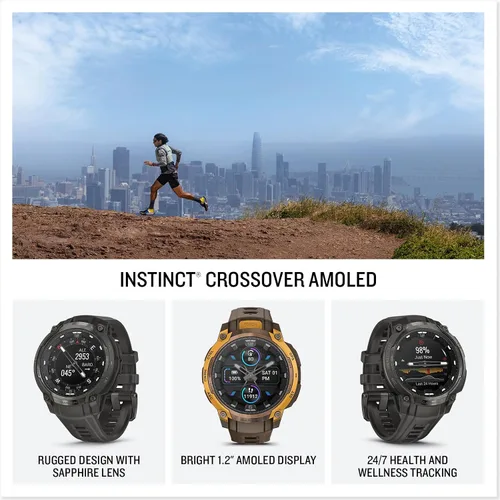 Vista 2 de Garmin Instinct® Crossover AMOLED, resistente reloj inteligente híbrido con GPS con manecillas de reloj analógicas y pantalla AMOLED brillante