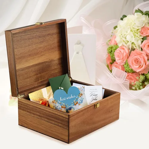 Vista 7 de Caja de recuerdo de madera de acacia con tapa con bisagras