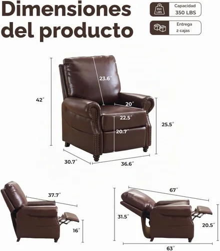 Vista 2 de Silla reclinable de respaldo con masaje y calor, silla reclinable de cuero transpirable con respaldo sobrerelleno, silla de respaldo con decoración