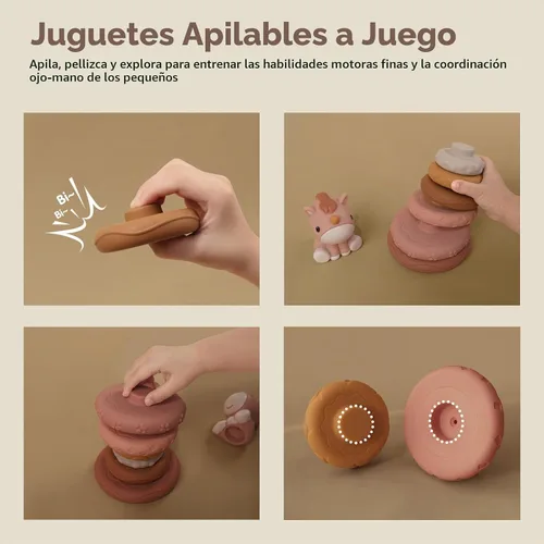 Vista 5 de Nueplay 7 piezas de juguetes para apilar y anidar para bebés, juguetes de dentición para apretar y círculo de construcción con figura de caballo