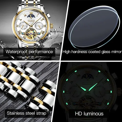 Vista 6 de OLEVS Relojes automáticos para hombre diseño de esqueleto Tourbillon cuerda automática reloj de pulsera de lujo fase lunar fecha impermeable