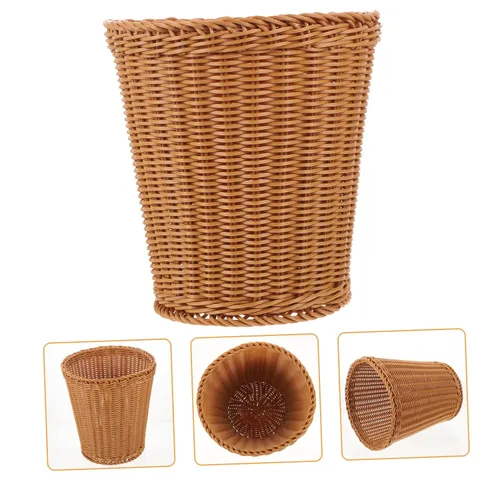 Vista 7 de Elegante cubo de basura tejido natural tapa de cesta de gran capacidad para sala de estar estudio