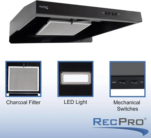 Vista 2 de RecPro Campana extractora RV con filtro de carbón y lámpara LED, motor de 12 V CC, 60 W de eficiencia energética, filtro de carbón integrado, diseño