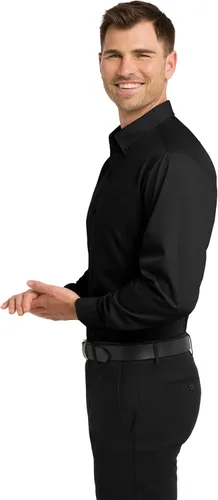 Vista 4 de Port Authority Camisa de popelina sin preocupaciones de manga larga Negro profundo