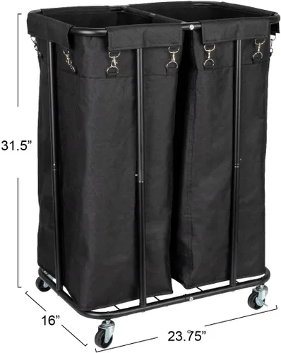 Vista 2 de Household Essentials Clasificador de ropa rodante de 2 bolsas, color negro