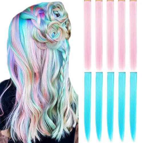 Vista 7 de 12 extensiones de cabello azul con clip en reflejos de 20 pulgadas, extensiones de cabello lacio de color liso con clip para mujer, peluca arcoíris