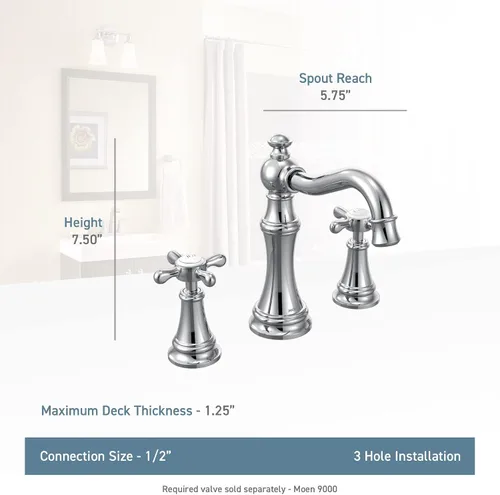Vista 4 de Moen TS42114BG-9000 Weymouth - Grifo de baño con dos manijas cruzadas y válvula, oro cepillado
