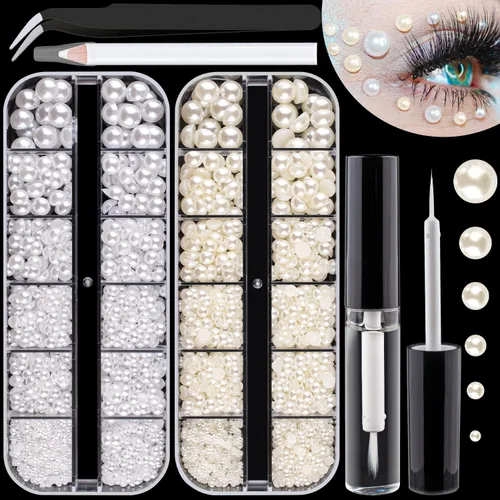 Vista 12 de Kit de diamantes de imitación y perlas con parte trasera plana, cristal redondo AB y gemas blancas transparentes+perlas blancas y beige