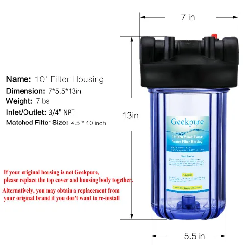 Vista 3 de Geekpure Carcasa de filtro de agua para toda la casa de 10 pulgadas, puerto de 3/4 pulgadas con llave y soporte, 4.5 x 10 pulgadas, transparente (1)