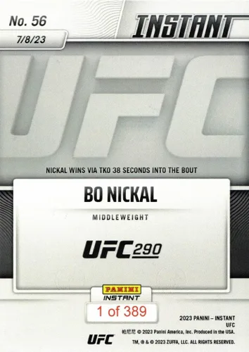 Vista 2 de Tarjeta Panini Instant #56 Bo Nickal UFC 2023 con logotipo de Rookie Card, ¡solo 389 hechos!