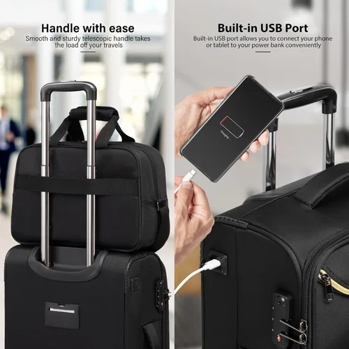 Vista 4 de Coolife Maleta de equipaje de mano con ruedas Softside Bolsa de viaje ligera con ruedas, Negro