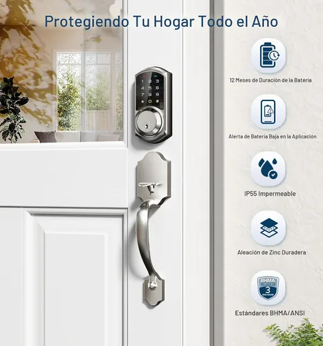 Vista 7 de Veise VE06-H - Juego de cerradura inteligente para puerta delantera, control de aplicación, cerrojo de entrada sin llave con manija de palanca