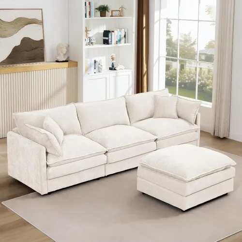Vista 8 de Sofá modular beige en forma de L, moderno sofá convertible en forma de L de 3 plazas de chenilla suave, cómodo tapizado con juego otomano extraíble