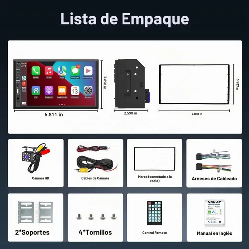 Vista 6 de Naifay Estéreo de auto doble DIN con Apple Carplay Android Auto, pantalla táctil de 7 pulgadas con Bluetooth, receptores de audio para automóvil
