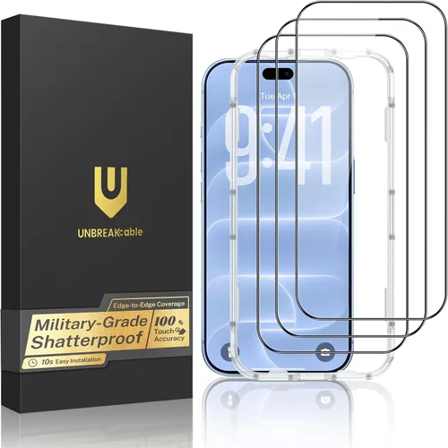 Vista 14 de UNBREAKcable Paquete de 3 protectores de pantalla para iPhone 15 Pro Max, vidrio templado doble inastillable [marco de fácil instalación]