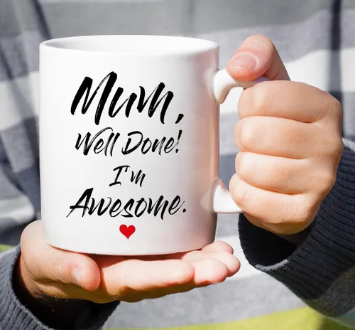 Vista 5 de Retreez - Taza divertida con texto en inglés "Mum Well Done I'm Awesome", 325 ml, tazas de café de cerámica, mensaje divertido, sarcástico