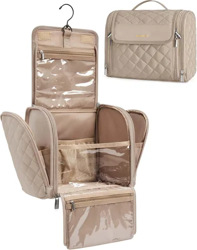 Vista 9 de BAGSMART Neceser de viaje para maquillaje con gancho para colgar, bolsa de cosméticos, organizador de gran capacidad, resistente al agua, para Beige