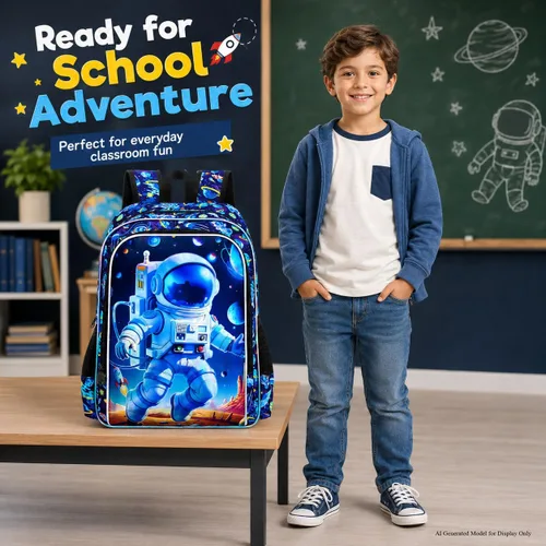 Vista 8 de gxtvo Mochila para niños de 3 piezas, 16 pulgadas con lonchera, resistente al agua, para preescolar, Astronauta Cohete Azul, Tamaño único, Impresión