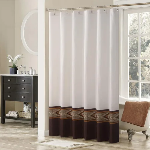Vista 8 de Arlene - Cortina bohemia con borde bordado cosido azul para ventana, par de paneles de borlas blancas, cada uno de 42 pulgadas de ancho x 84