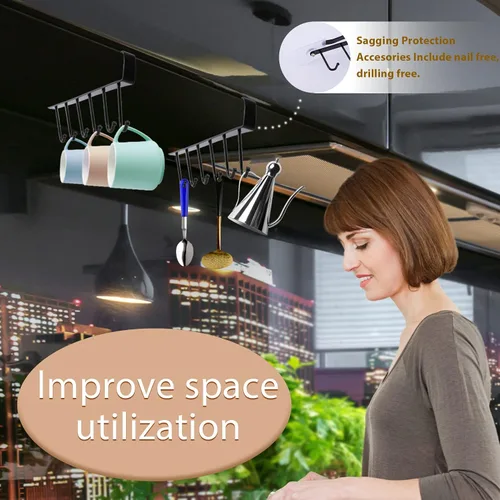 Vista 5 de 4 soportes para tazas de café debajo del gabinete, soporte para tazas de café con 6 ganchos para tazas, ganchos adhesivos para utensilios de cocina