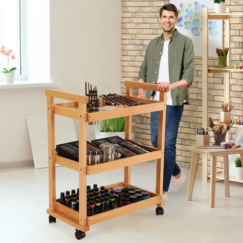Vista 8 de VISWIN Organizador de carrito de arte, organizador de almacenamiento de suministros de arte de madera de haya maciza con ruedas giratorias, carrito