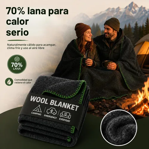 Vista 4 de Manta de Lana para Acampada – 70% Lana Resistente de Servicio Pesado Estilo Militar, Cálida y Lavable, Manta Ignífuga para Emergencias Gris