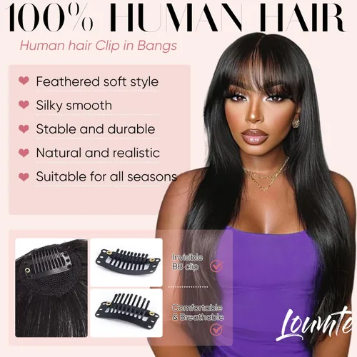 Vista 5 de Extensiones de cabello humano 100 % real, flequillo ondulado, color marrón oscuro, piezas de cabello falso, flequillo delgado, clip para mujer