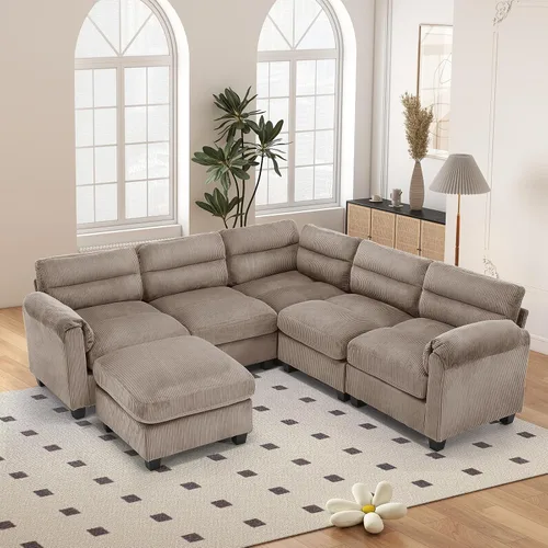 Vista 108 de HAOMARKETS Sofá esquinero modular en forma de L de 115 pulgadas con 2 otomanas móviles, sofás de pana de 8 plazas con cojín grueso para sala de Beige