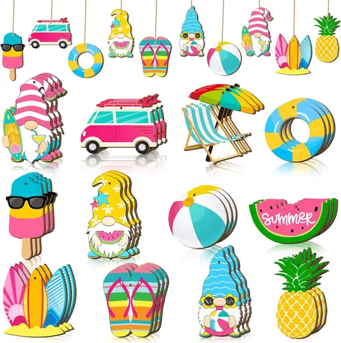 Vista 12 de Geelin - 36 adornos colgantes de madera de verano para árbol de Navidad en julio, mini decoraciones de árbol hawaiano, playa, colgante de madera