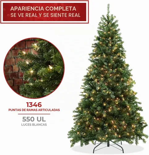 Vista 3 de Casafield - Árbol de Navidad artificial de verde pino realista, de 7.5 pies con luces y soporte de metal resistente