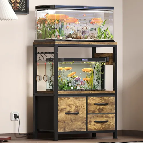 Vista 2 de Heybly Soporte para pecera de 10 a 20 galones, soporte para acuario con cajón, toma de corriente, marco de metal resistente, para pecera, terrario