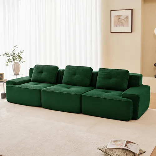 Vista 4 de Sofá Moderno Comprimido Sin Estructura de 117", Sofás Seccionales de 3 Plazas para Sala de Estar, Sofá Seccional Modular de Pana Verde Nube, Espuma