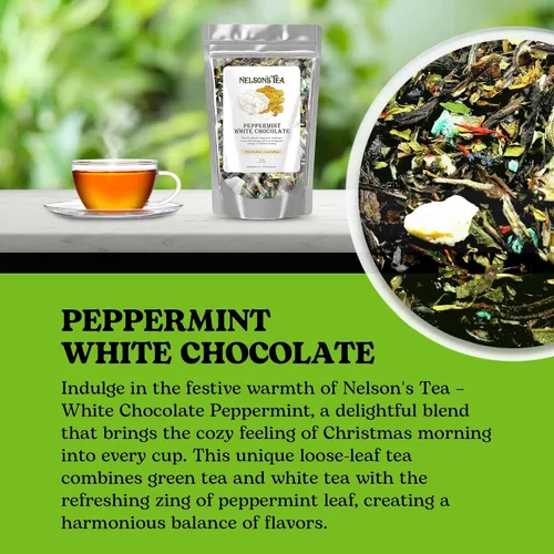 Vista 4 de Nelson's Tea - Té de hojas sueltas de menta y chocolate blanco - Té verde, té blanco, menta, cártamo y chocolate con menta - 2 onzas.