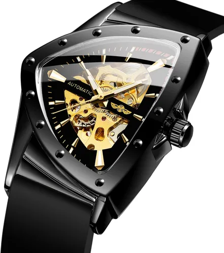 Vista 3 de FORSINING Reloj de pulsera mecánico triangular impermeable para hombre con correa de silicona