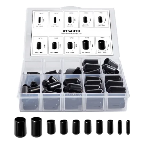 Vista 2 de 100 tapas flexibles de goma para los extremos, 10 protectores de rosca redondos de tamaño más popular, protector de vinilo negro, kit de tapas