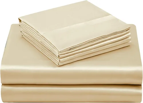 Vista 7 de Treely - Juego de 4 piezas de sábanas de satén tamaño individual sedoso y suave en color beige con bolsillo profundo, sábana bajera ajustada, sábana