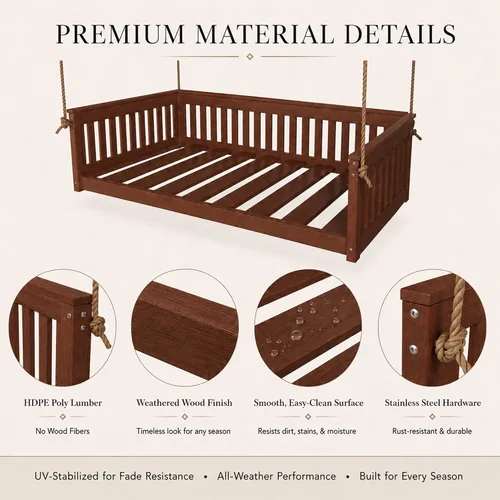 Vista 5 de Amish Twin Poly Lumber Wood Hanging Daybed, Antique Mahogany, USA Made Deep Seating Mission Collection HDPE Poly Lumber Twin Daybed with Rope
